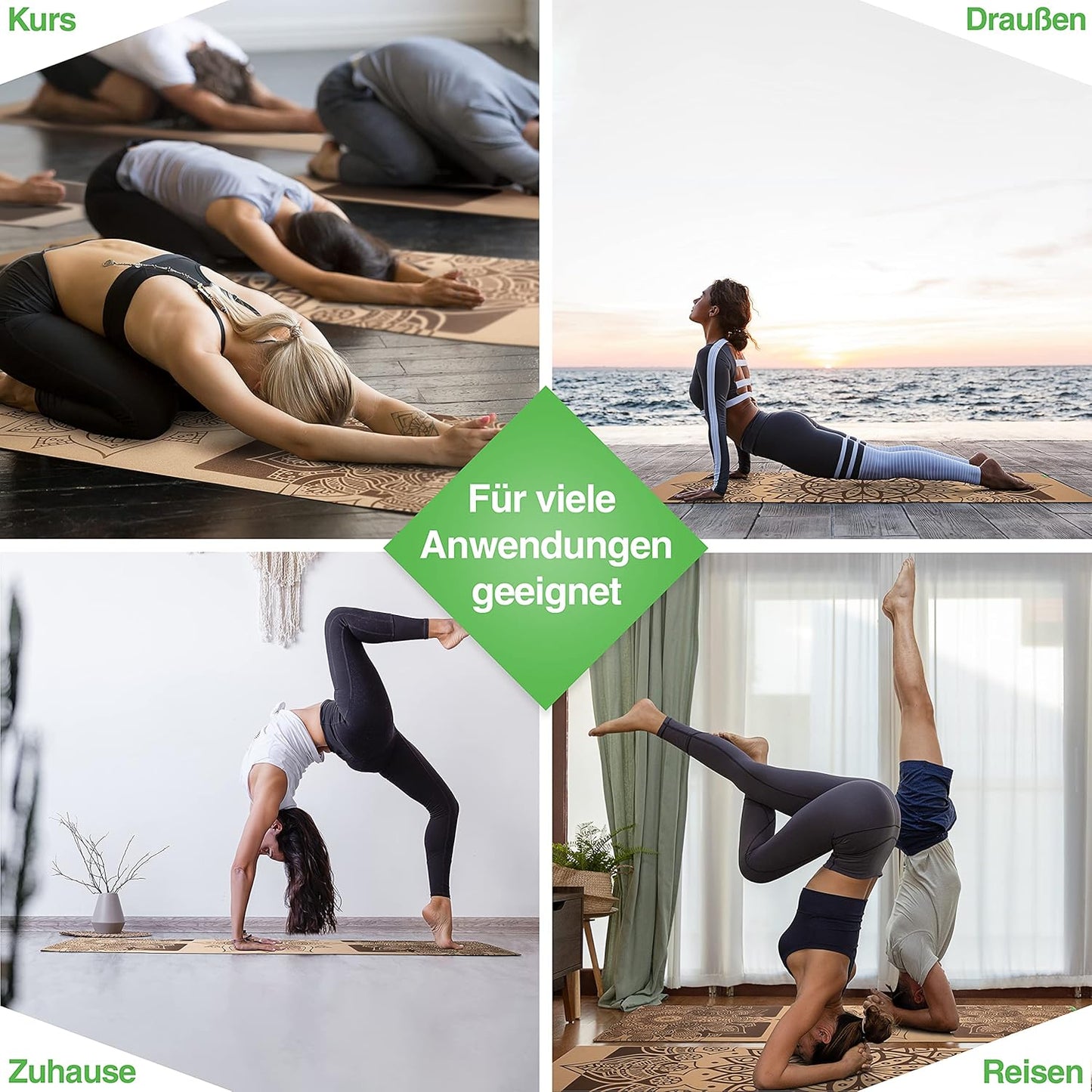 Rutschfeste Yogamatte Kork mit Naturkautschuk, inkl. Tragegurt, ACHTSAMKEIT