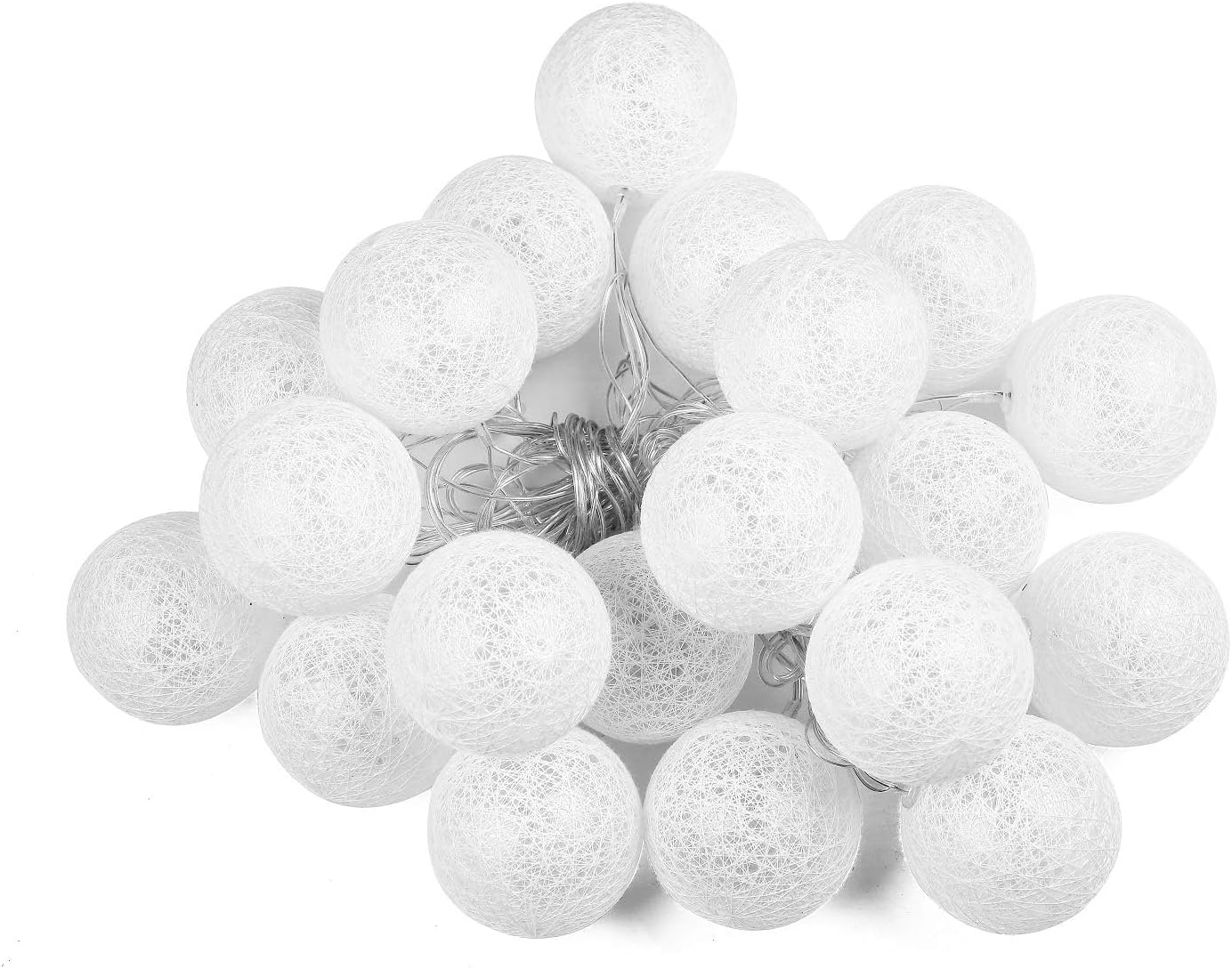 Lichterkette mit Baumwollkugeln, Weiss Batterie
