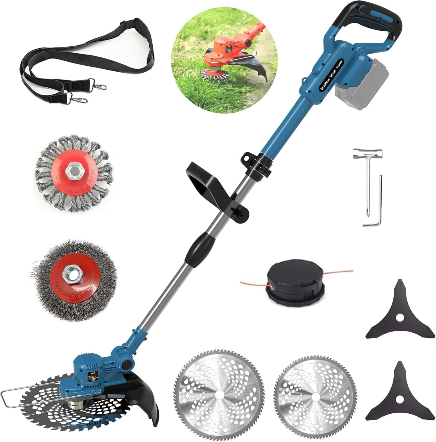 3-in-1 Rasentrimmer für Makita-Akkus 18V mit 5 Klingentypen, Unkrautbürste, Blau