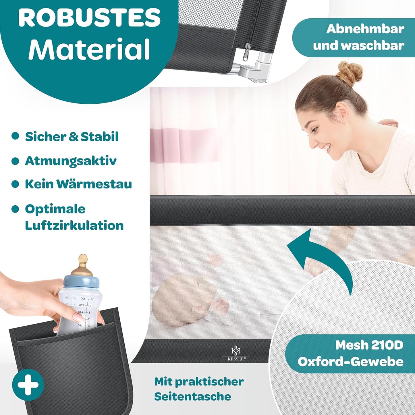 Klappbares Bettschutzgitter mit Tasche, 180cm Dunkelgrau