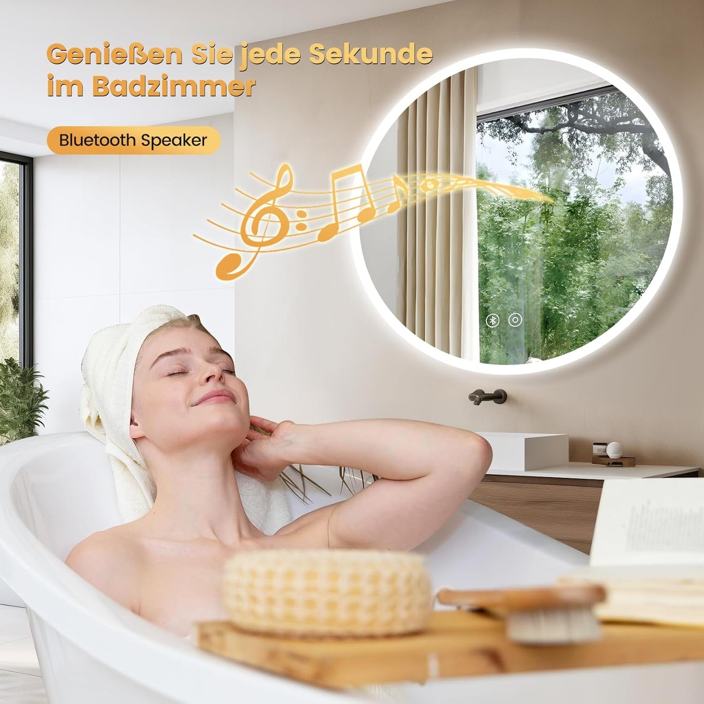 Runder LED-Badspiegel mit Bluetooth und Touchschalter, Bluetooth+ Beschlagfrei+ 3 Lichtfarbe+ Dimmbar 70L x 70B cm