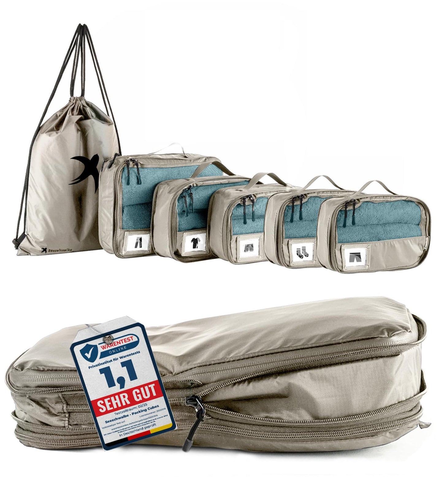 6-teiliges Packwürfel-Set mit Kompression, Beige 6-teiliges Set