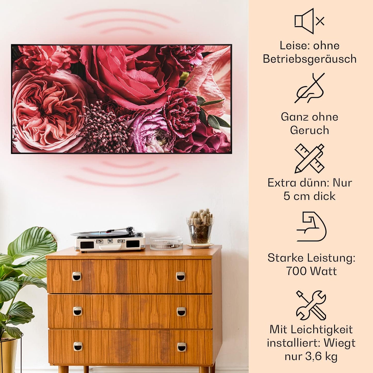 Air Art Smart Infrarotheizung, 120 x 60 cm/ 700 W Blume - Schwarz