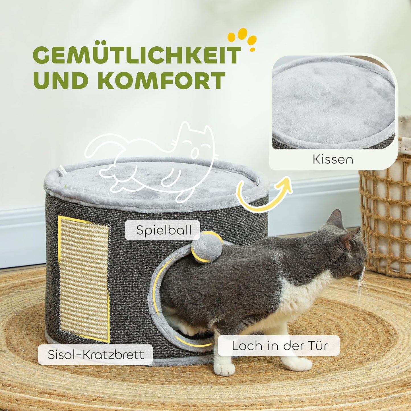 Kratztonne mit Höhle und Sisal-Kratzteppich