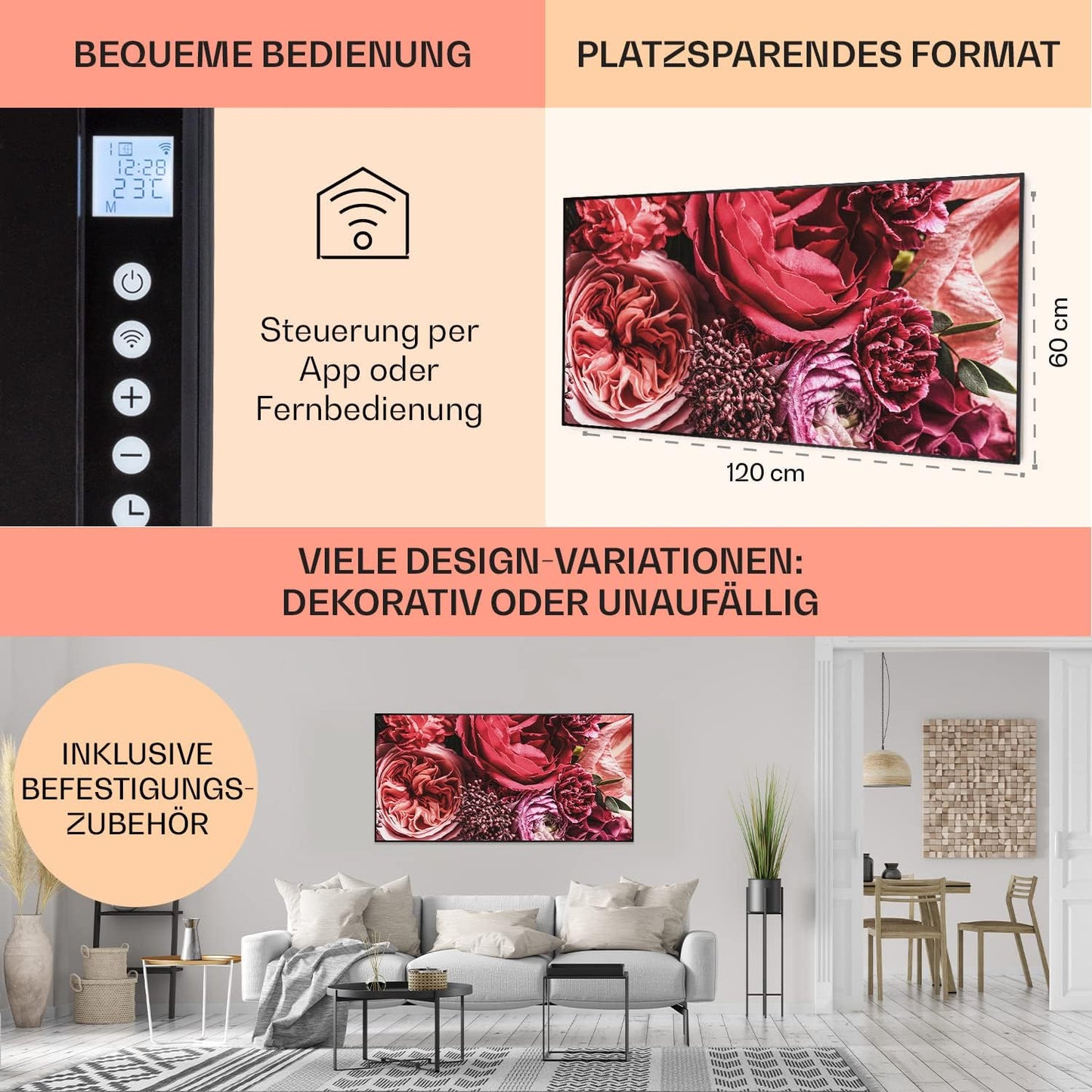 Air Art Smart Infrarotheizung, 120 x 60 cm/ 700 W Blume - Schwarz