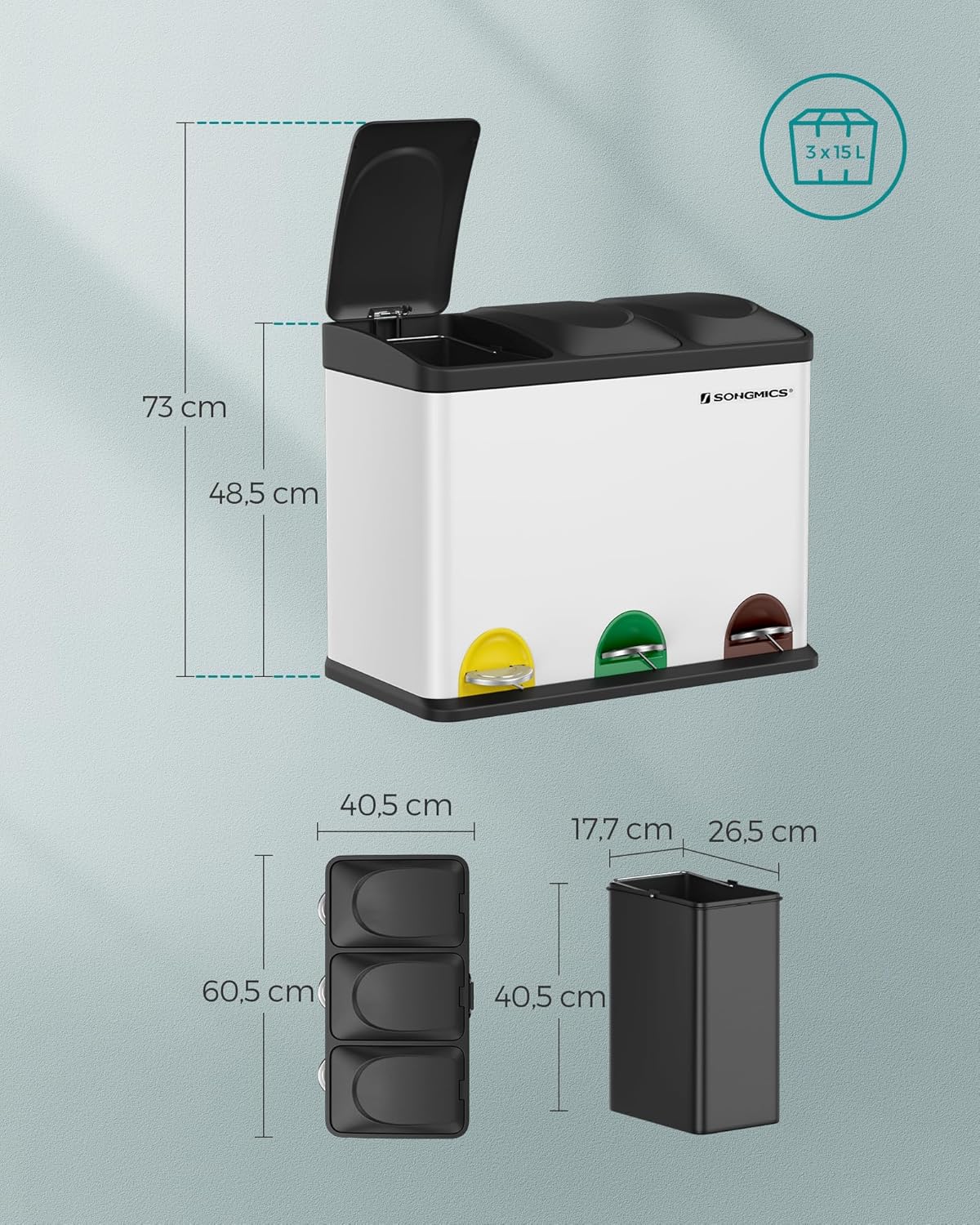 3 Fächer Mülltrennsystem Treteimer LTB45W, Wolkenweiss + Tintenschwarz