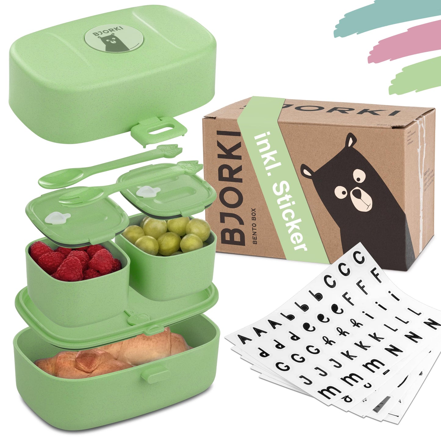Bento Box für Kinder mit Namenssticker, Pastell Grün