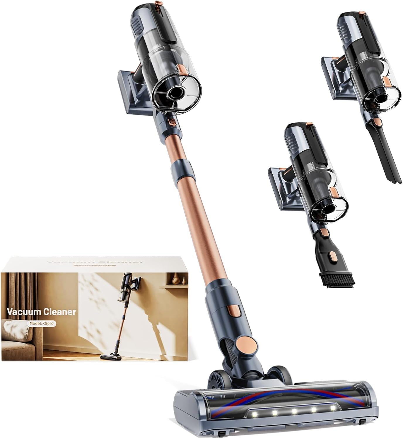 Kabelloser Akkustaubsauger mit LED-Leuchten, Grau