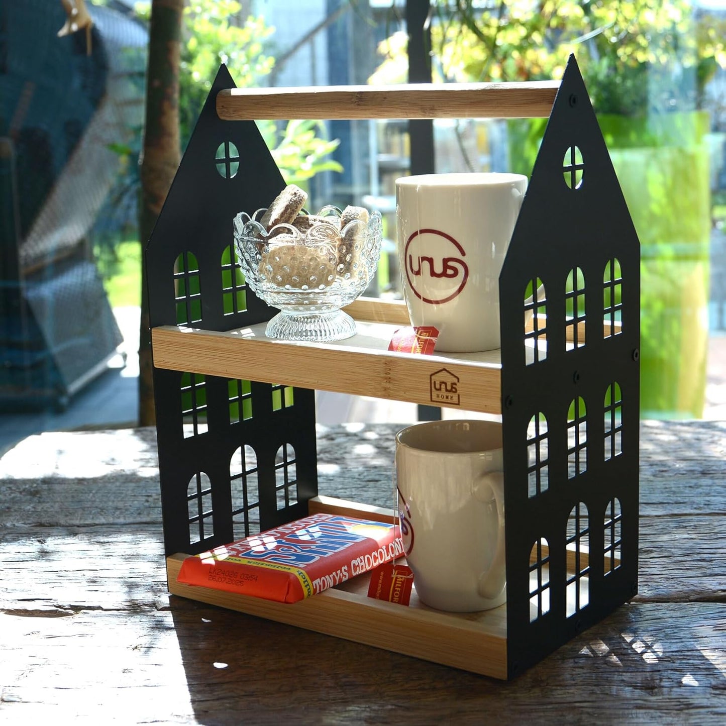 Haus-Etagere mit 2 Etagen und Griff, Schwarz Klein