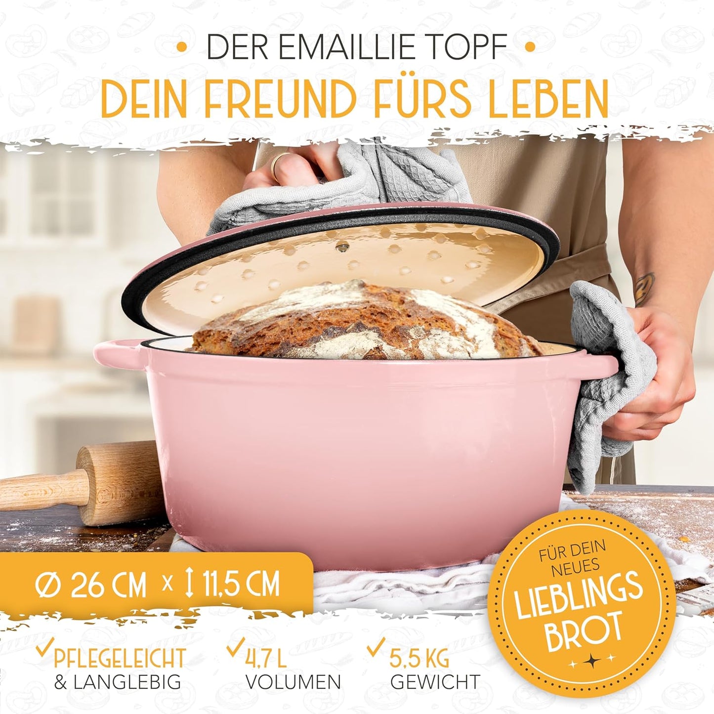 Brotbacktopf mit Gärkorb, Rosa Topf