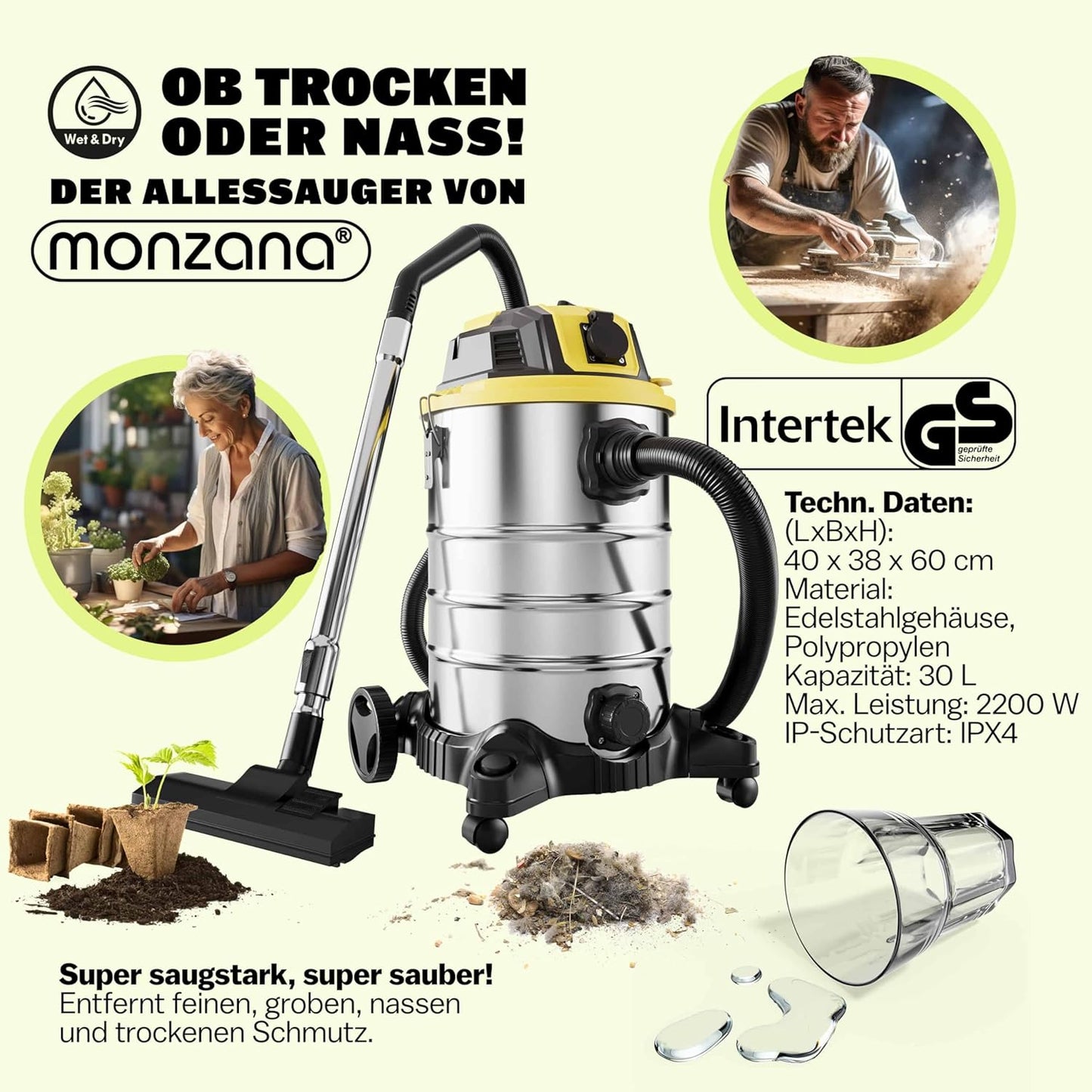 Nass-Trockensauger mit Blasfunktion, Silber Gelb