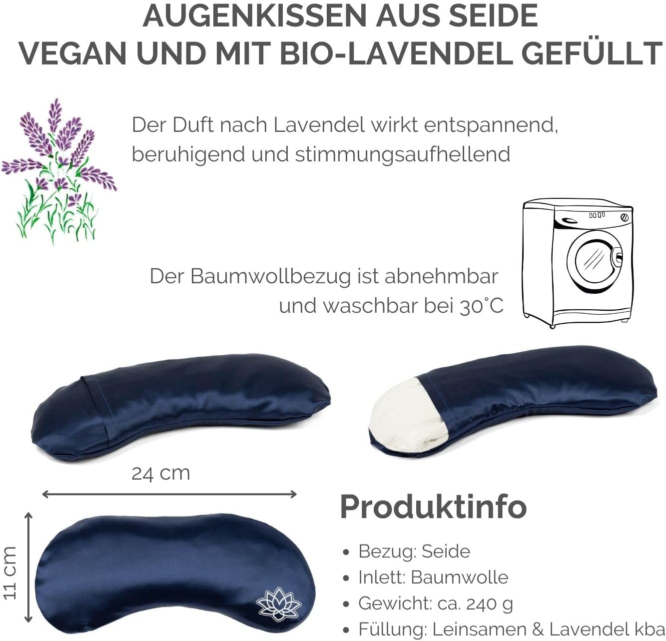 Augenkissen mit Lavendel-Leinsamen-Füllung, Seide Dunkelblau