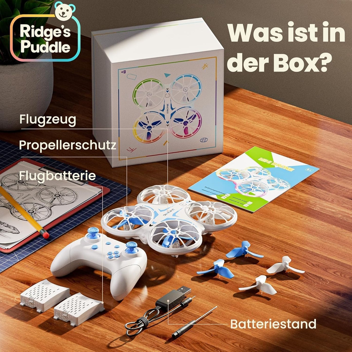 Mini Drohne für Kinder mit LED Lichtern, Mit 2 Akkus Weiß