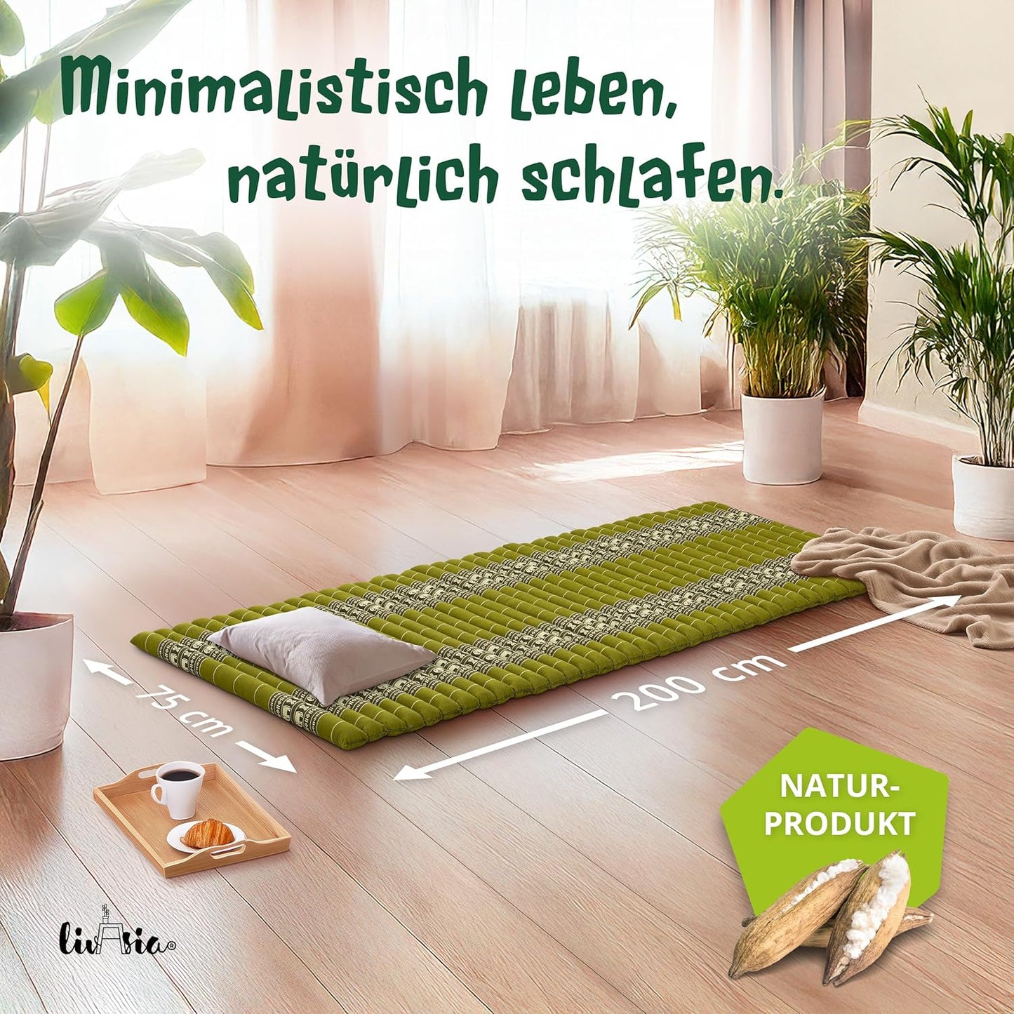 Rollmatratze Gästebett für 1 Person (200x75x4,5cm), M (200 x 75 cm) Grün/Elefanten