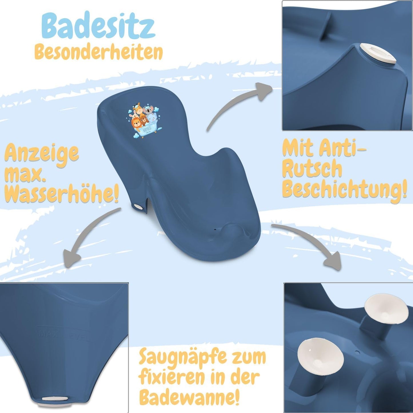 Babybadewannen-Set mit Gestell, 4 - Set Friends - dunkelblau