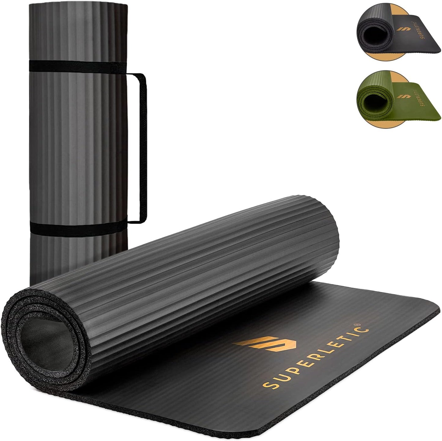 Rutschfeste Fitness- und Yogamatte mit Tragegurt, Schwarz- Nitrile Butadiene Rubber 180 x 60 x 1,0 cm