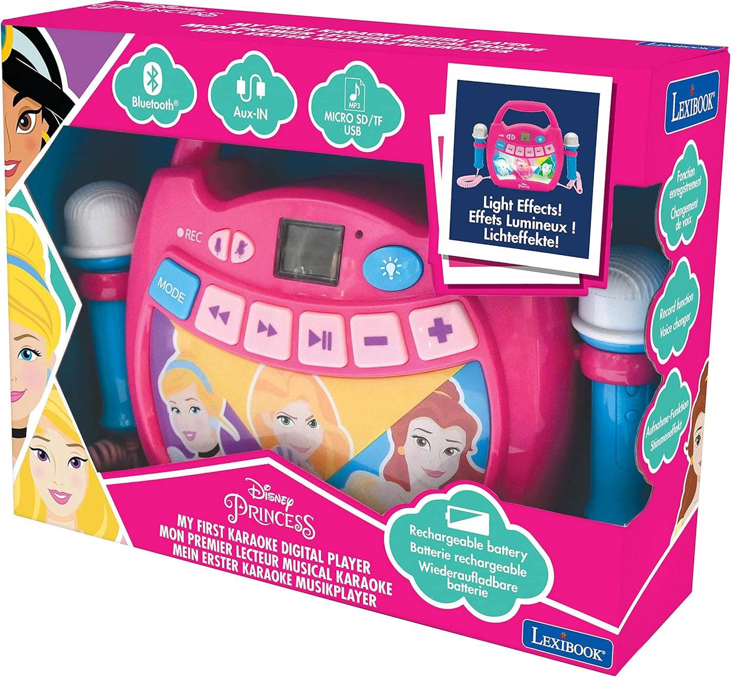 Disney Prinzessin Bluetooth Lautsprecher mit Lichteffekte und Mikrofonen, Batterie wiederaufladbar, Disney Prinzessin