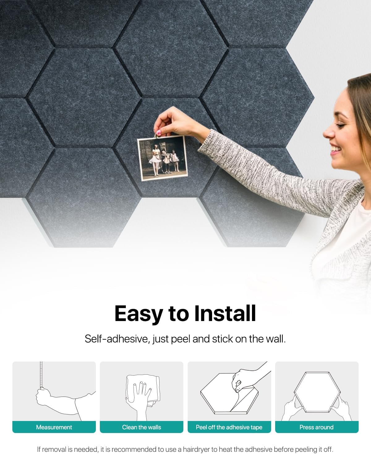 Selbstklebende Hexagon Akustikpaneele, 30×26×0,9 cm, 12 Stück, Dunkelgrau