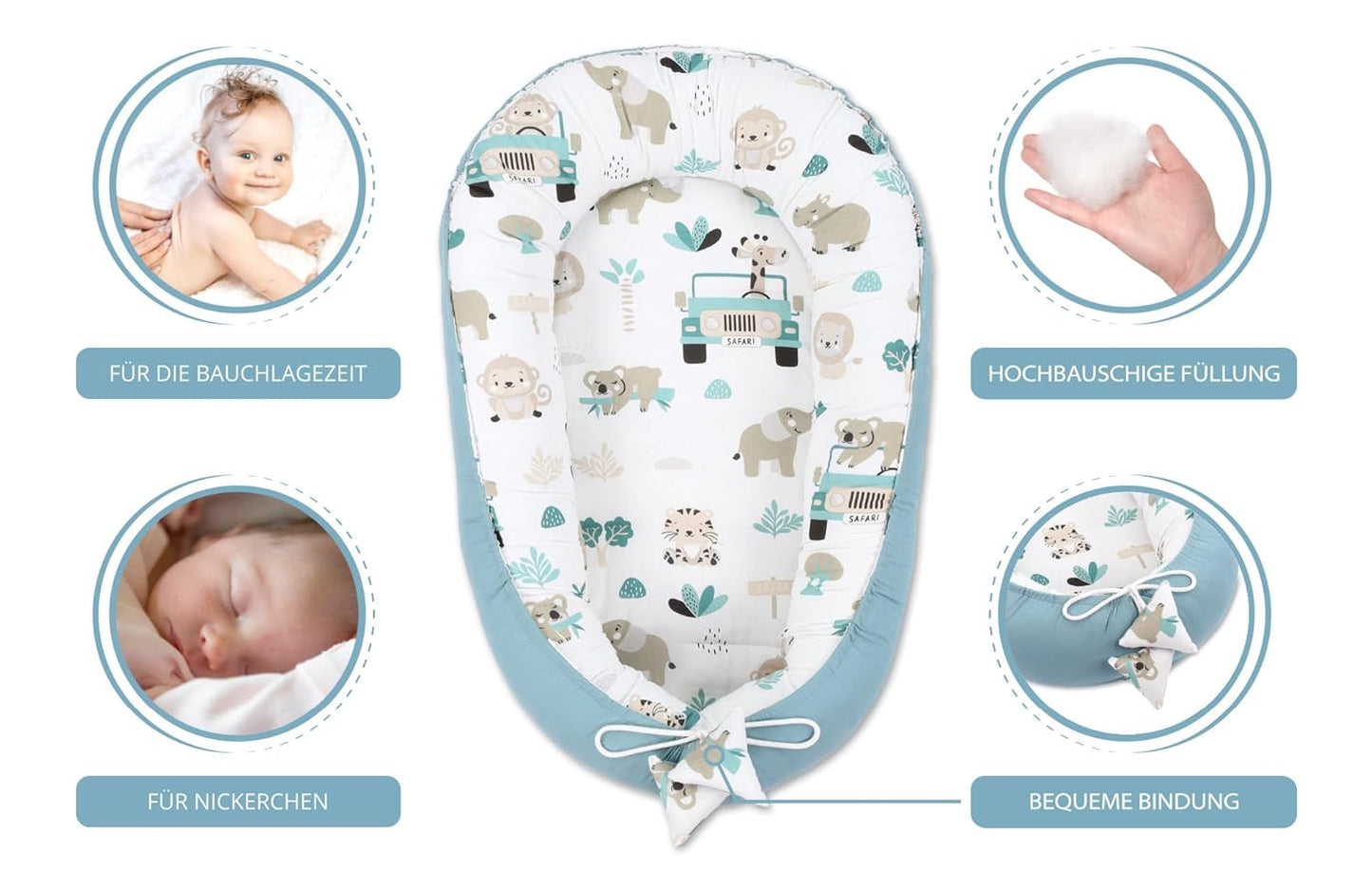 Babynest für Neugeborene mit Tragegriff, Afrika Blau 90x50cm