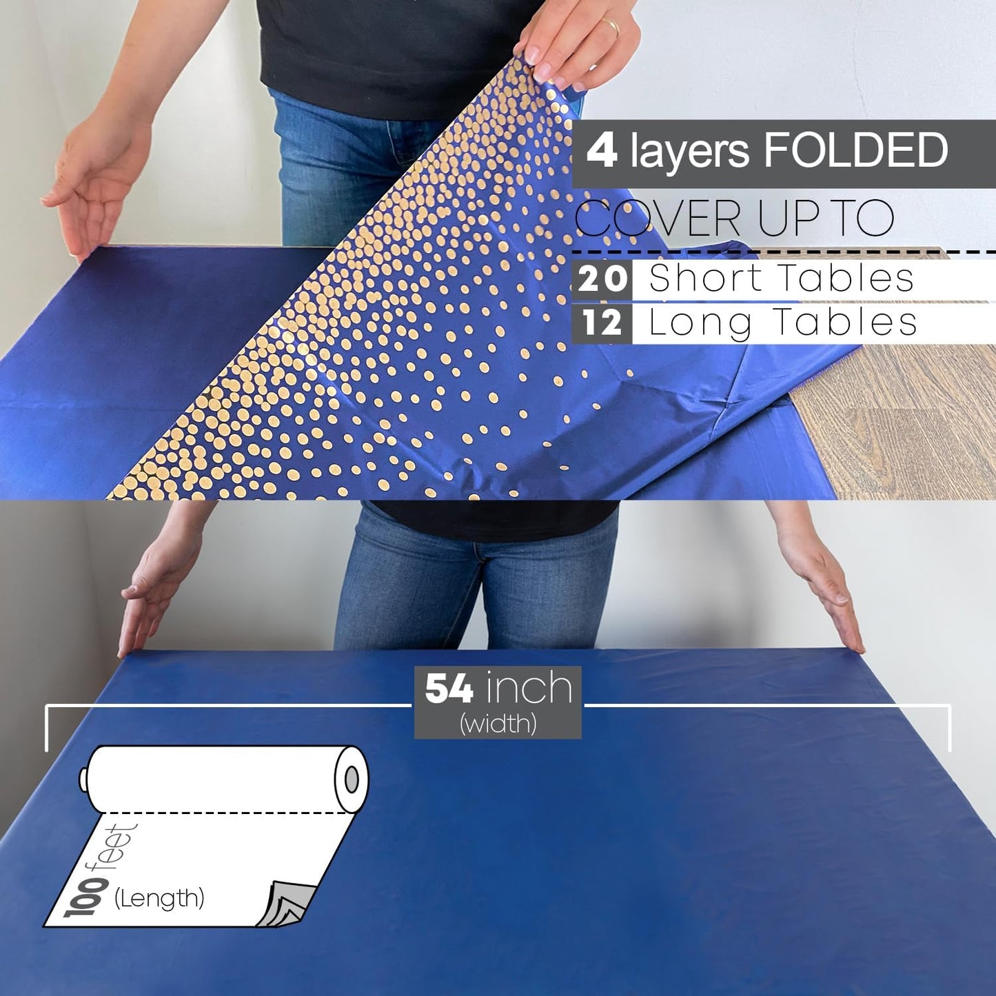 Tischtuchrolle mit Gleitschneider, Blaue Gold Punkte