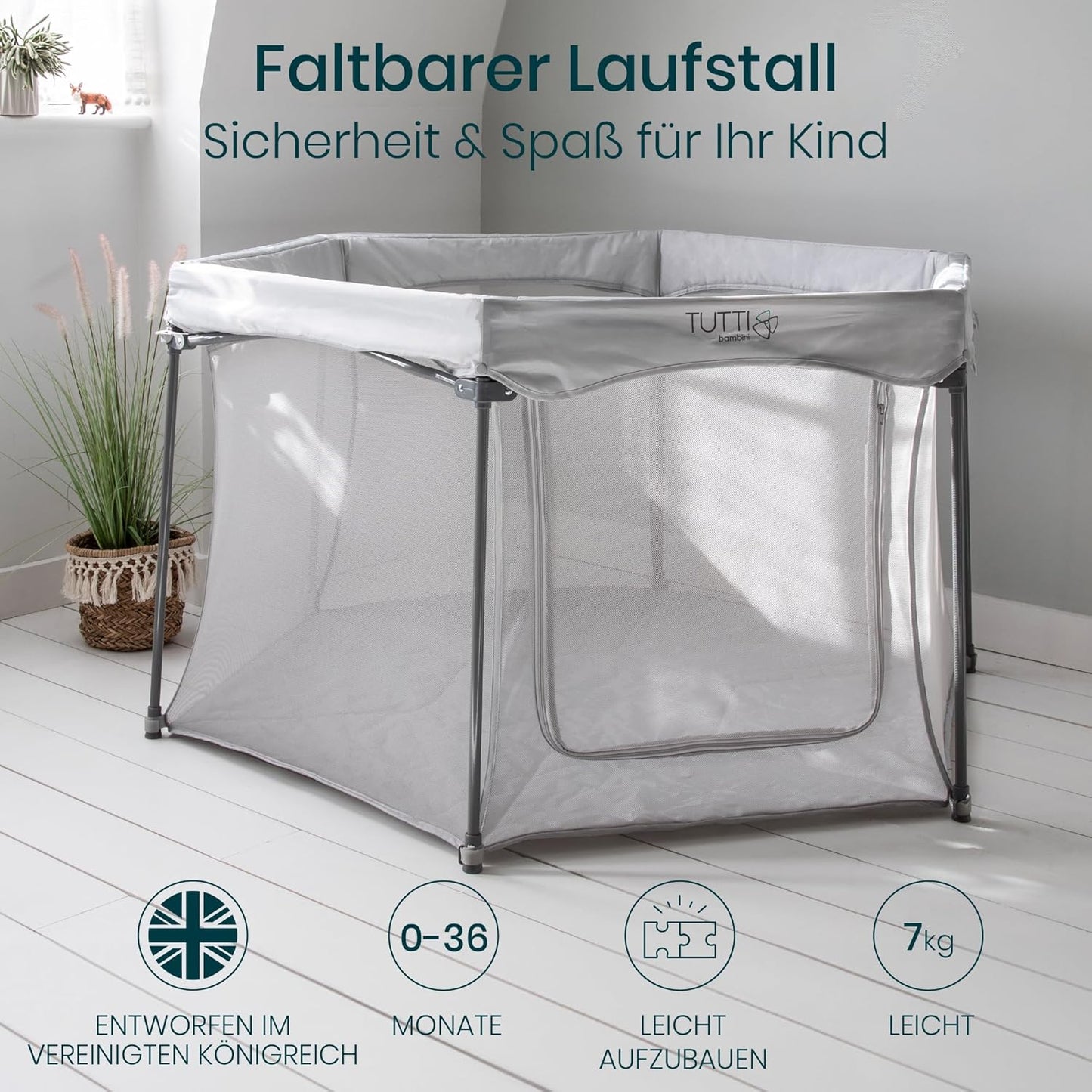 Faltbares Laufgitter für Babys mit Netz- und Reissverschlusstür, Silber