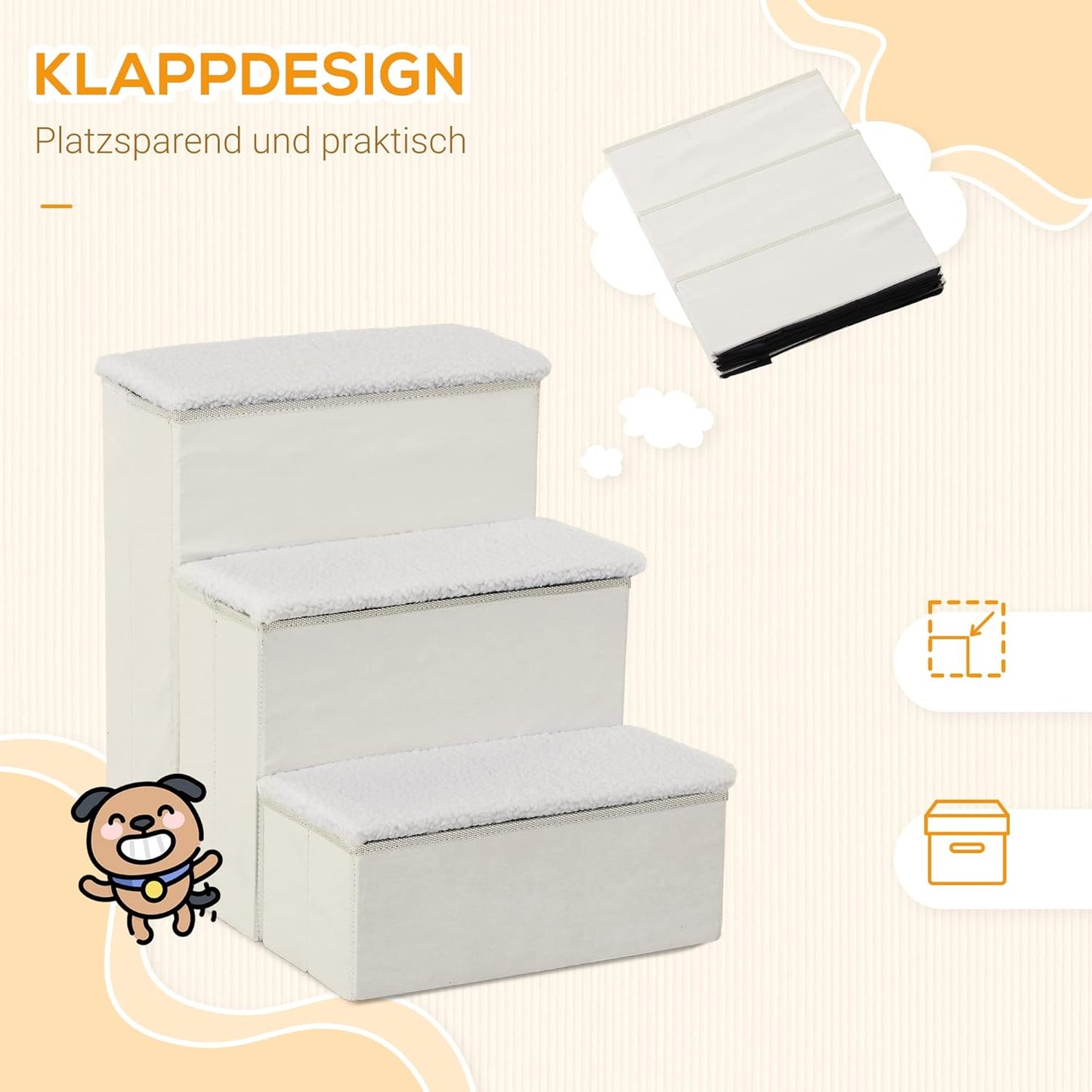 Faltbare Haustiertreppe mit Stauraum (3 Stufen), Weiss