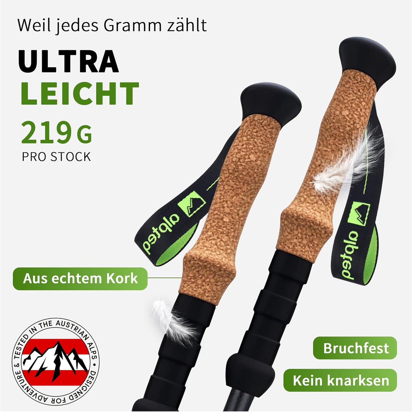 Verstellbare Teleskop Wanderstöcke mit Korkgriff und Zubehör, Grün