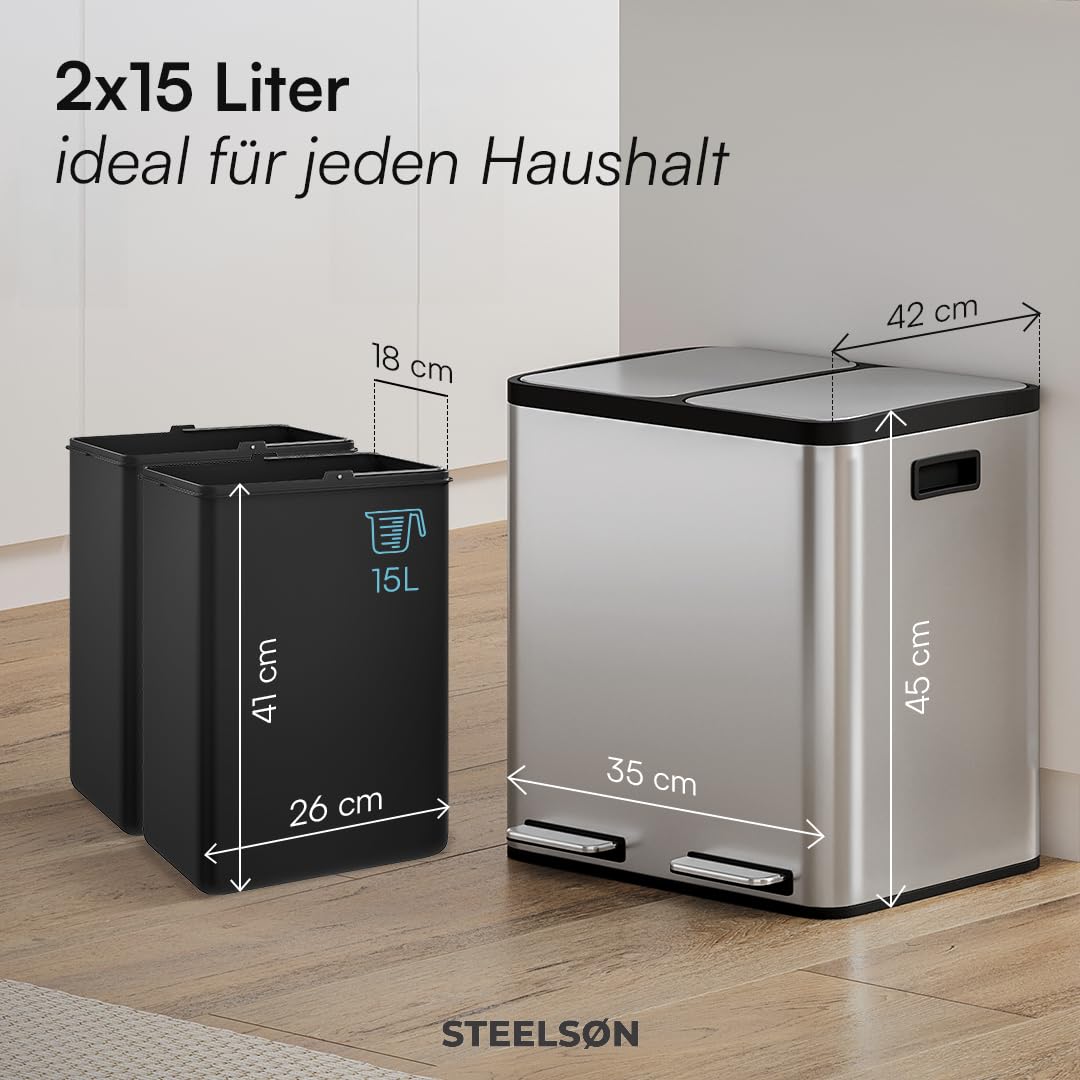 Epsilon Mülleimer 2-Fach-System mit Soft-Close, 2x15 L Silber
