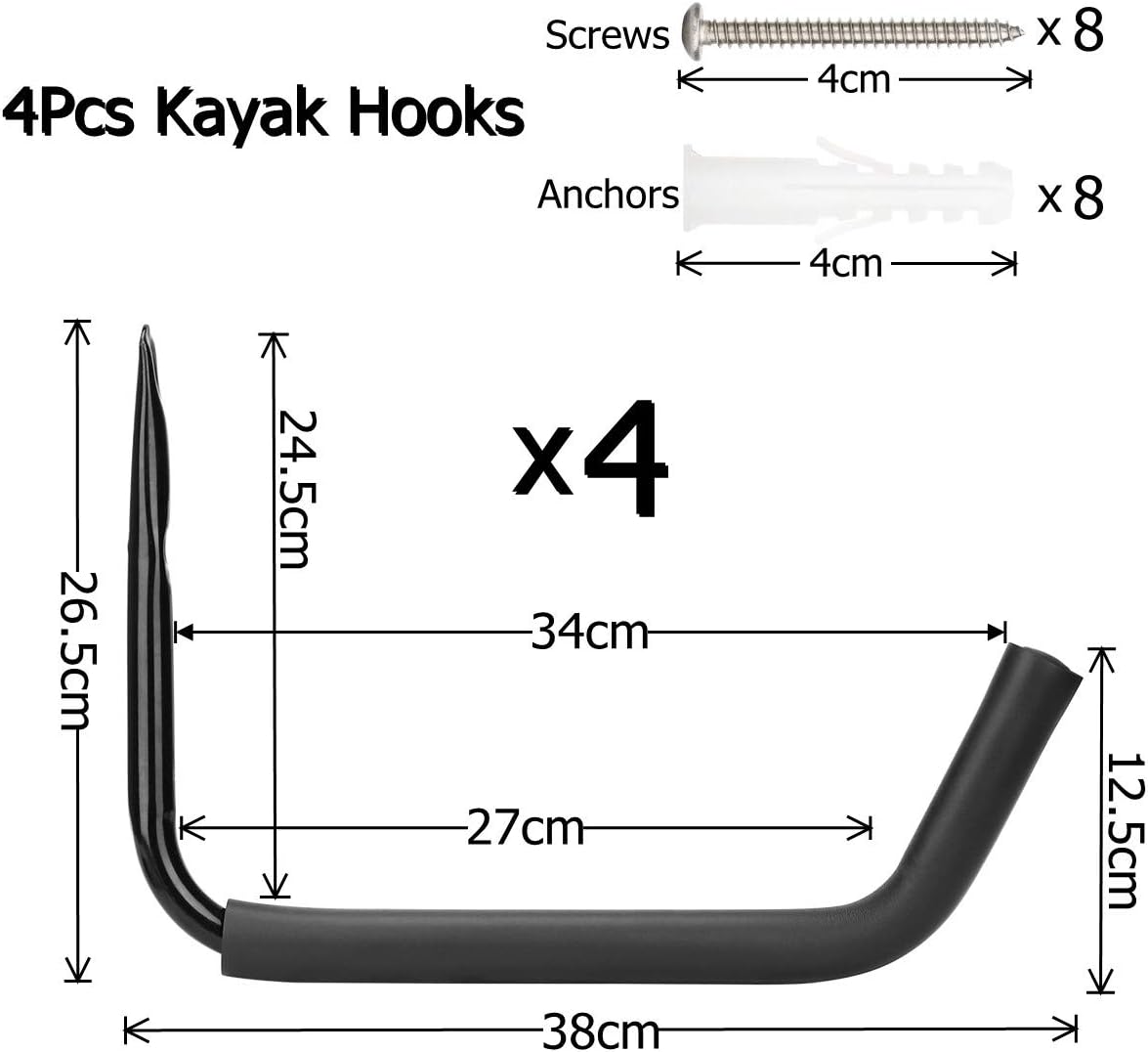 4er-Set Kajak-Aufbewahrungshaken, 27cm x 38cm Schwarz