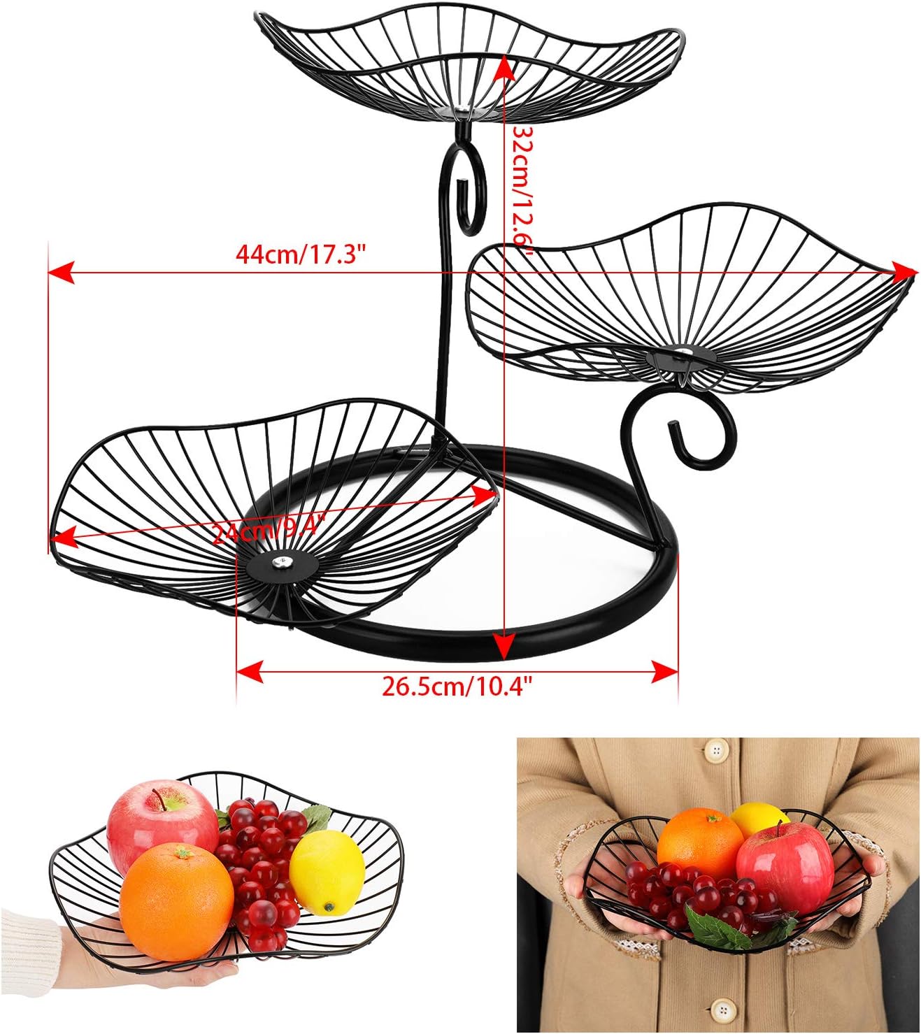 3-stufiger Obstkorb Lotosblatt, Schwarz
