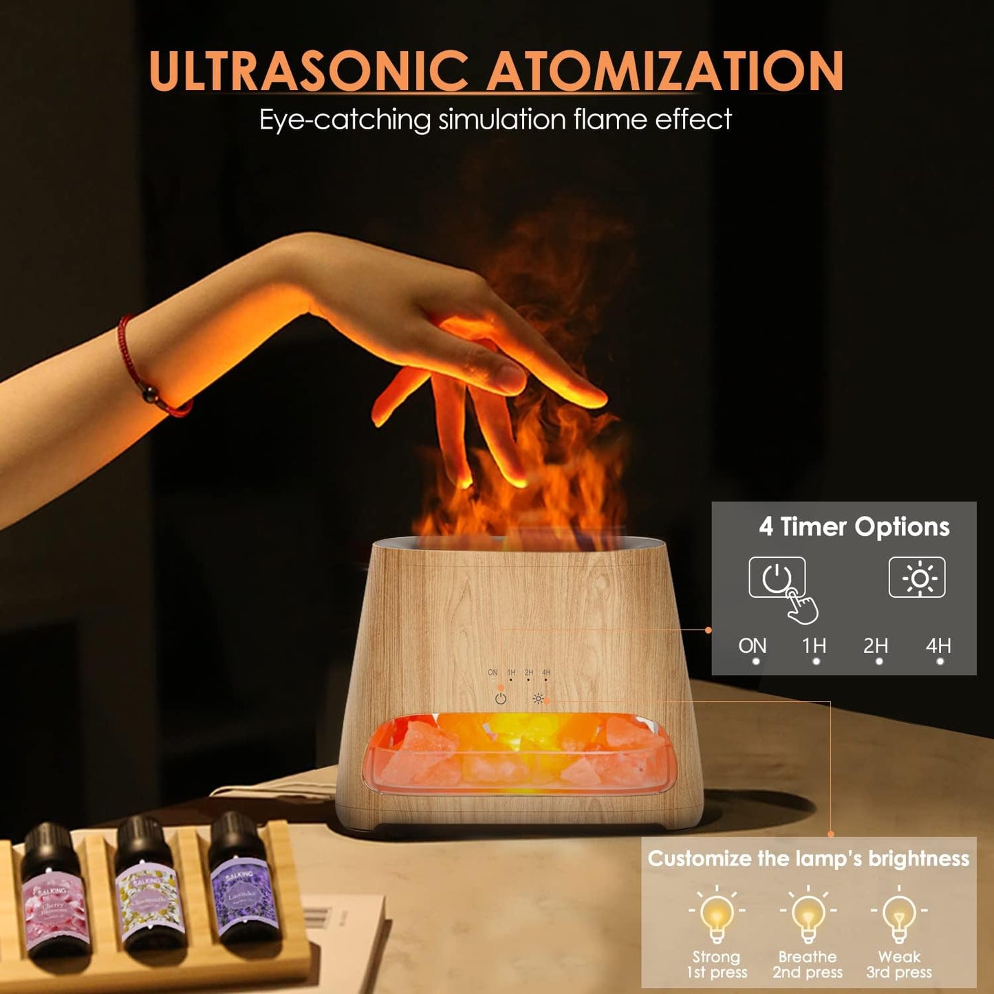 2-in-1 Aroma Diffuser & Salzleuchte mit Flammeneffekt, Holz