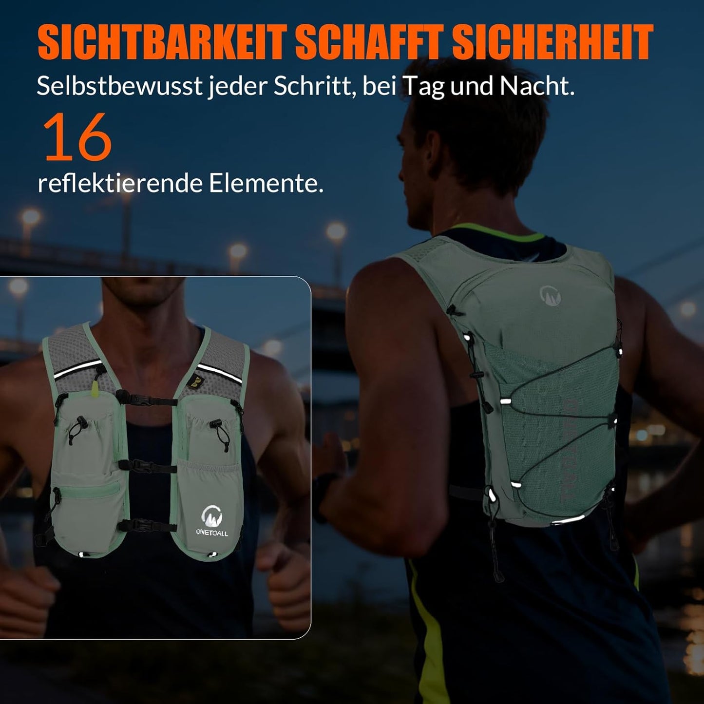 Laufweste mit Trinkblase und Flasche, Grün mit eine 500ml Trinkflasche + eine 2L Trinkblase