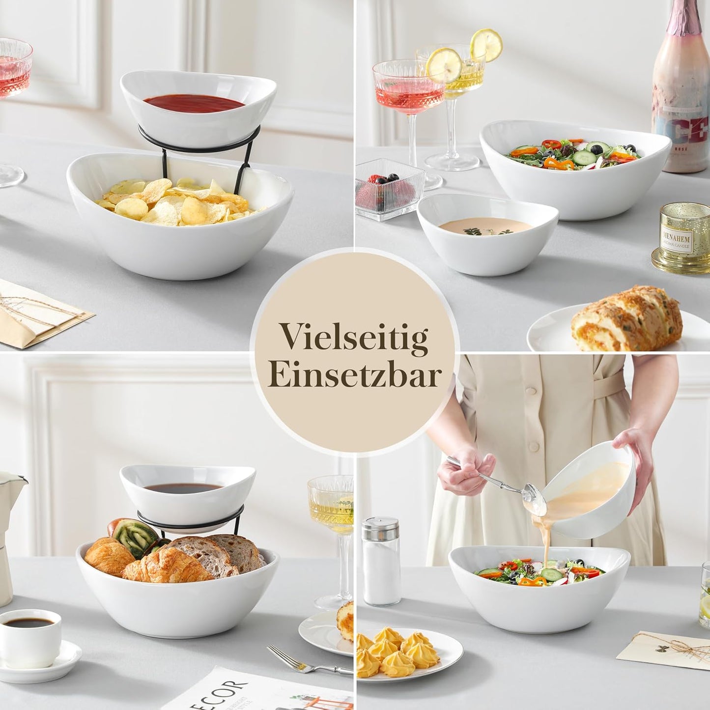 2er-Set Servierschalen mit Etagere, 600 ml/1800 ml Weiß