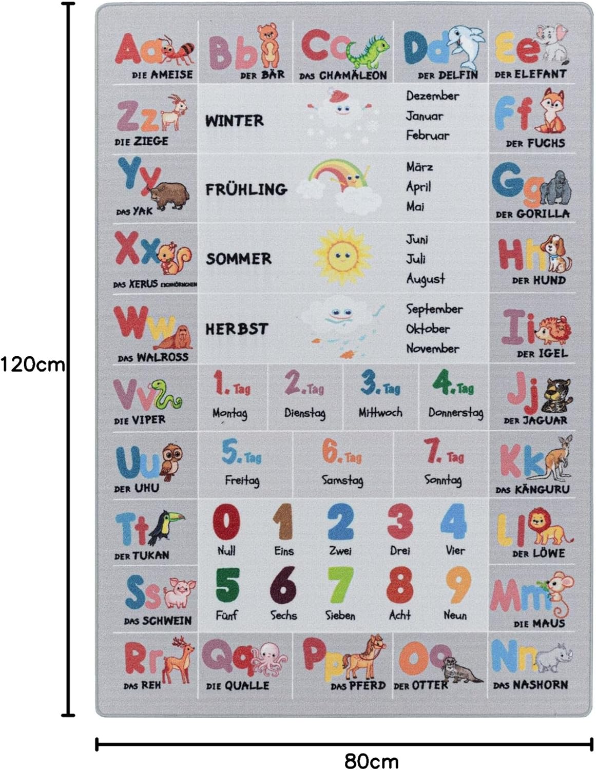Kinderteppich mit Alphabet- und Tierdesign, 80 x 120 cm (Rechteckig) Grau-4
