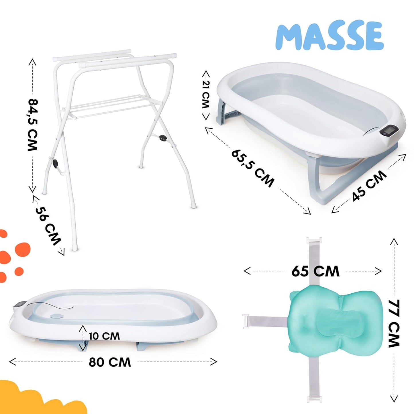 Faltbare Babybadewanne mit Ständer und Thermometer, Blau 84,5cm Höhe - mit Ständer