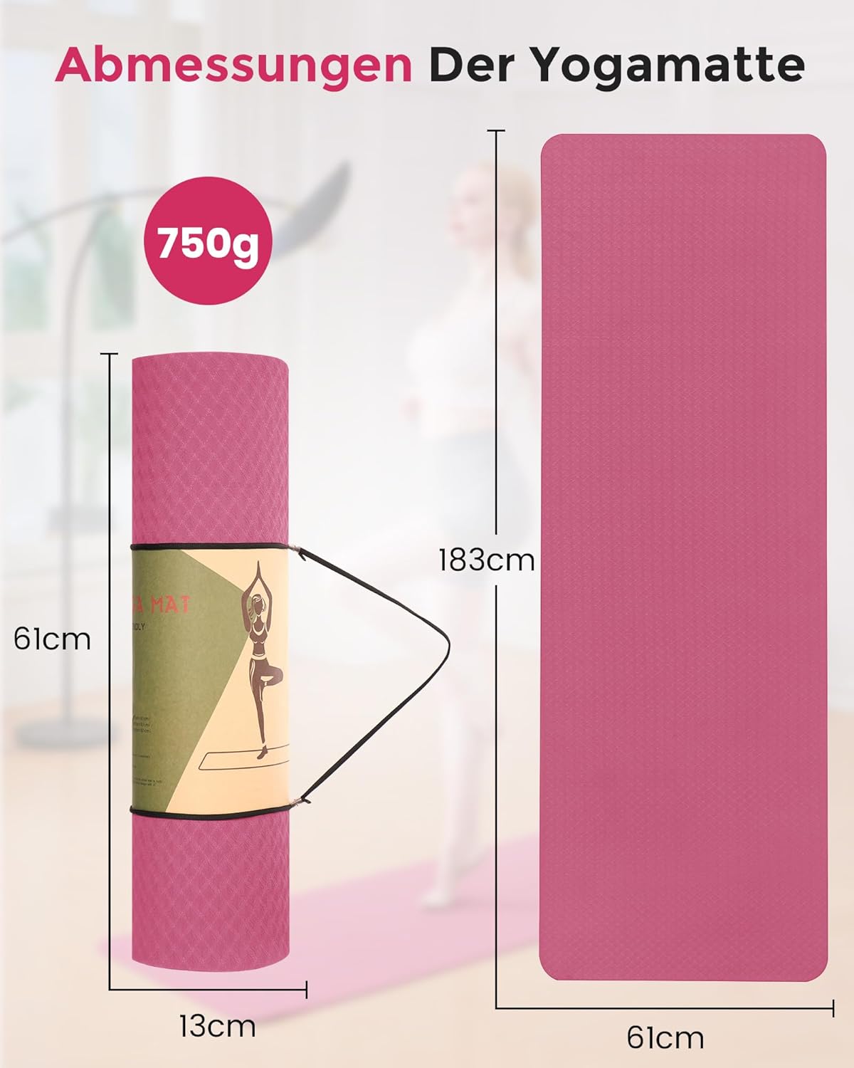 Rutschfest Fitnessmatte, Pflaume 183 x 61 x 0.6 cm