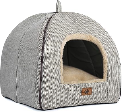 Faltbare Katzenbetthöhle mit waschbarem Kissen, M(15 x 15 x 15 Inch) Beige