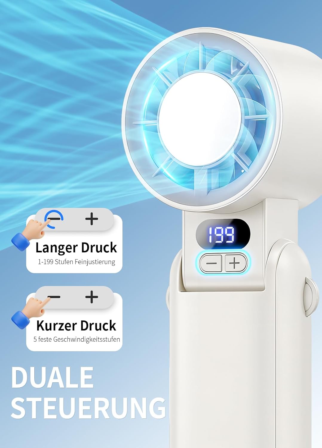 Handventilator mit LED-Display & Clip, Weiss