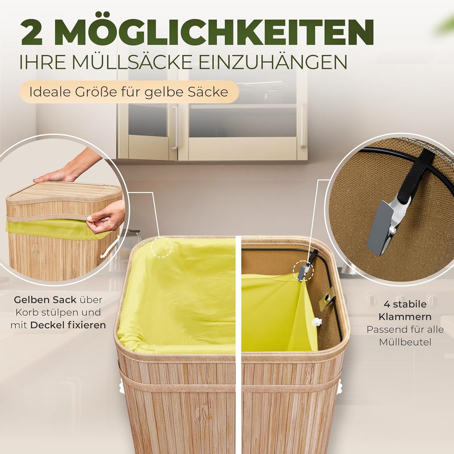 Müllsackständer aus Bambus mit Innentasche, 60L, Hellbraun