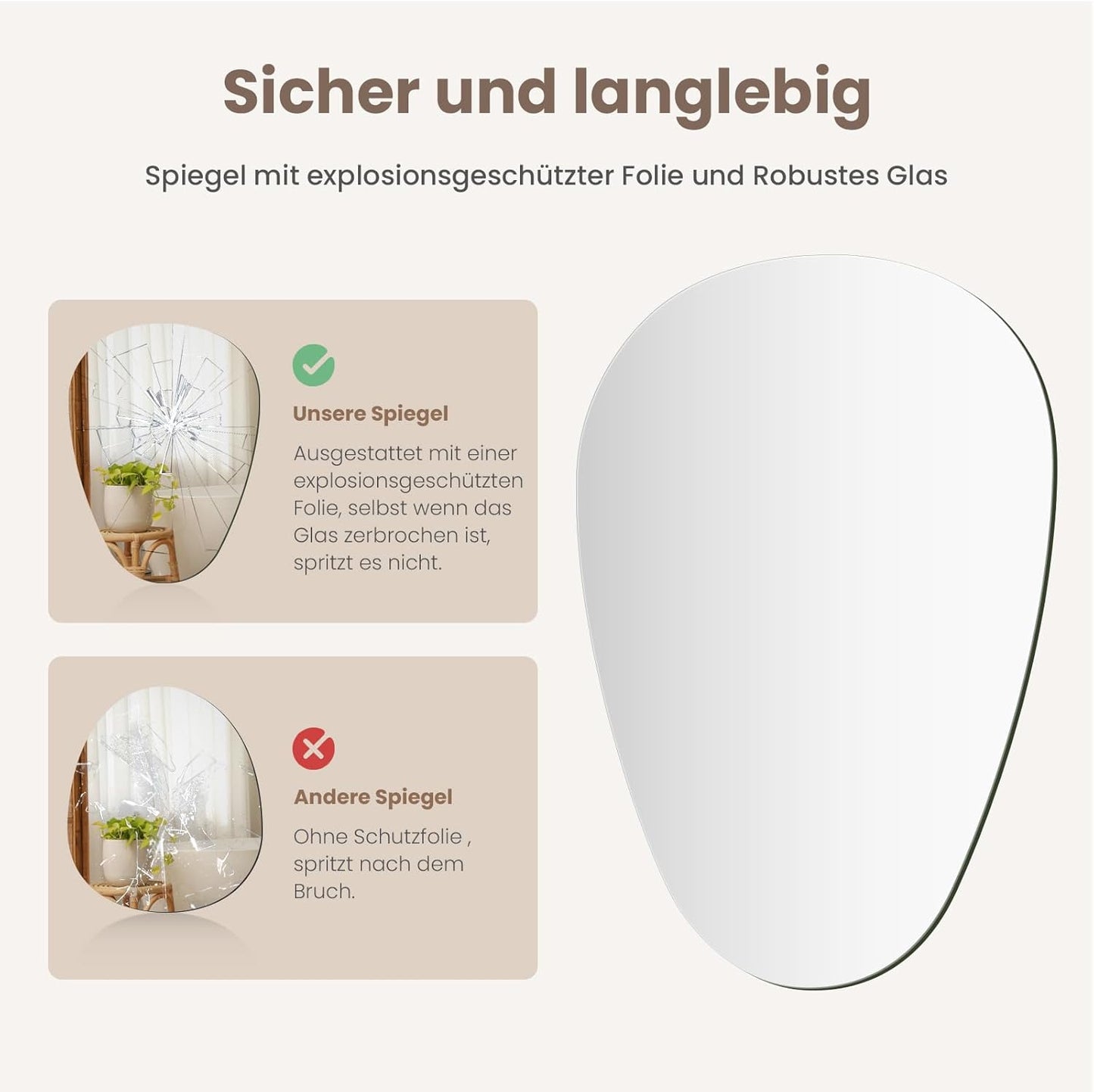 Asymmetrischer HD-Badspiegel 50x70 cm, Asymmetrisch 70L x 50B cm