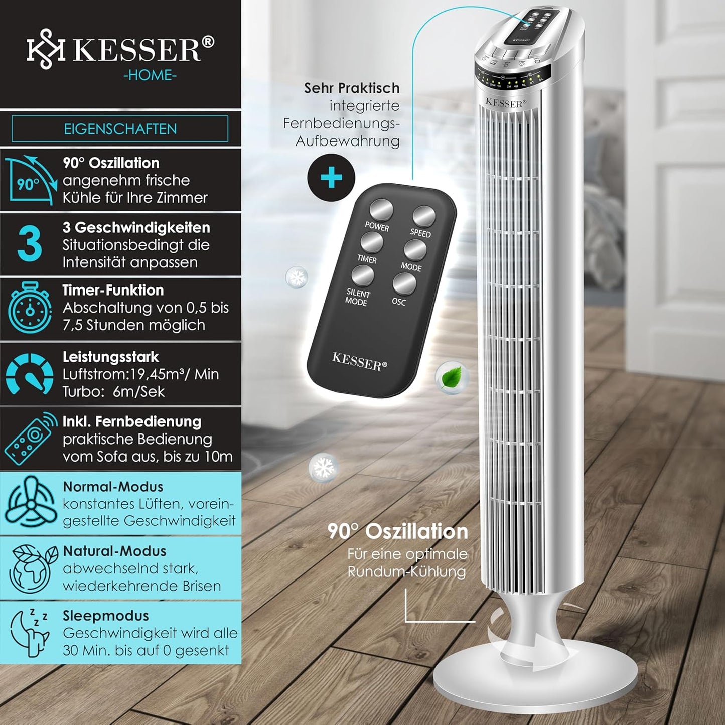 Turmventilator mit Fernbedienung und Timerfunktion, Silber
