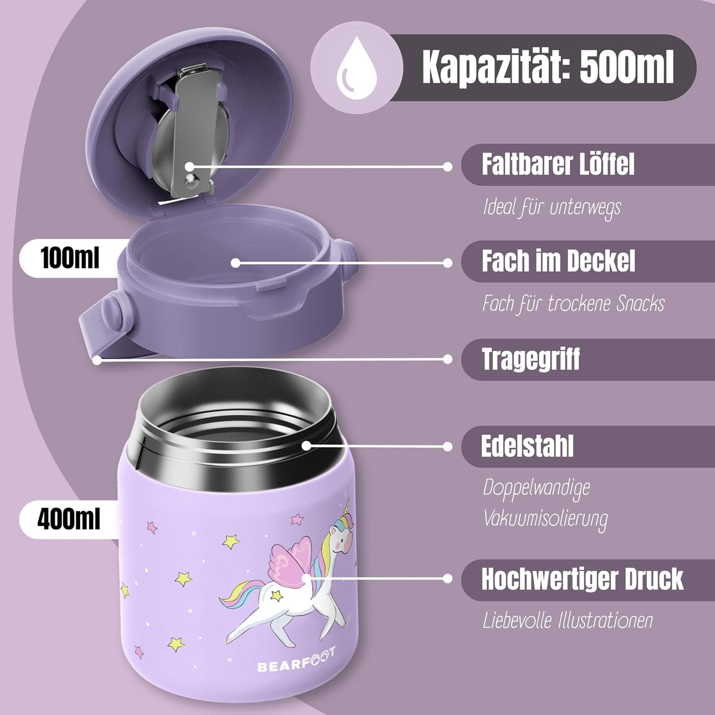 Einhorn-Thermobehälter mit Löffel, Einhorn - Lila 500ml