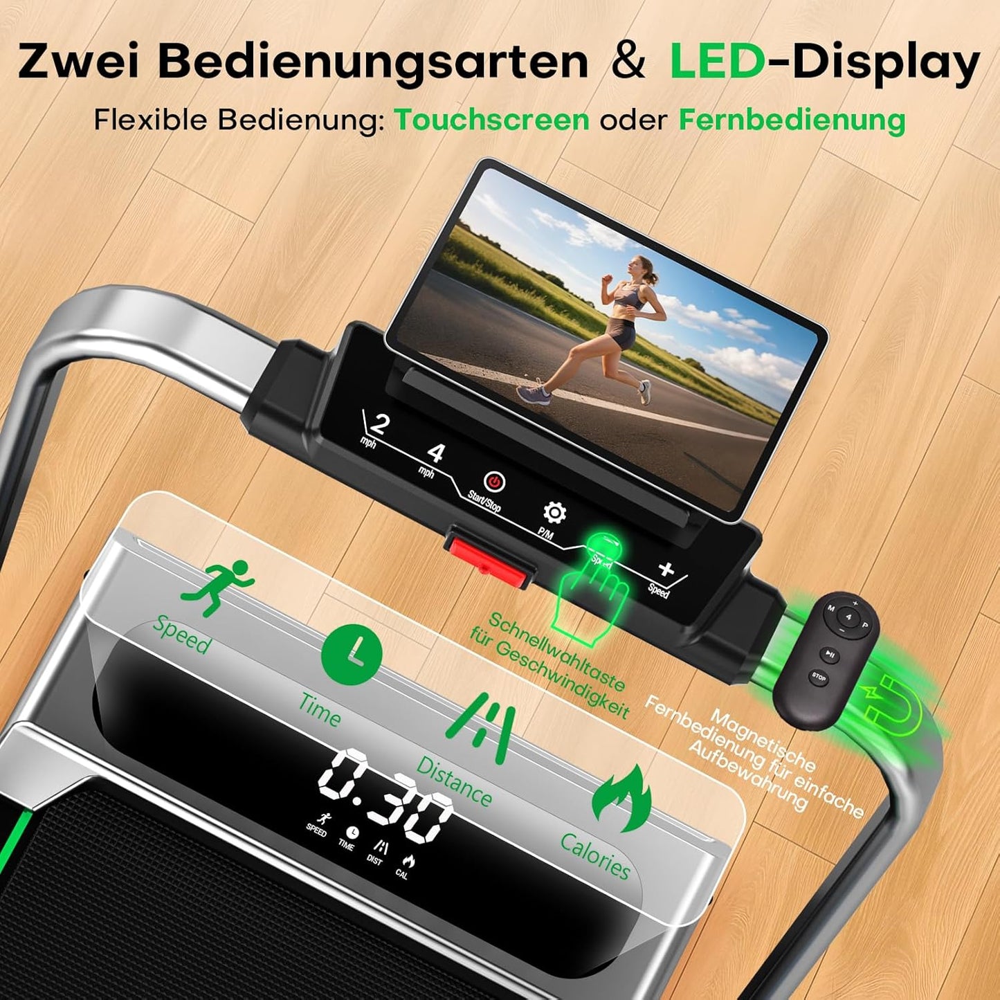 5 in 1 Klappbares Laufband mit Steigung und App-Steuerung, Silber-grün