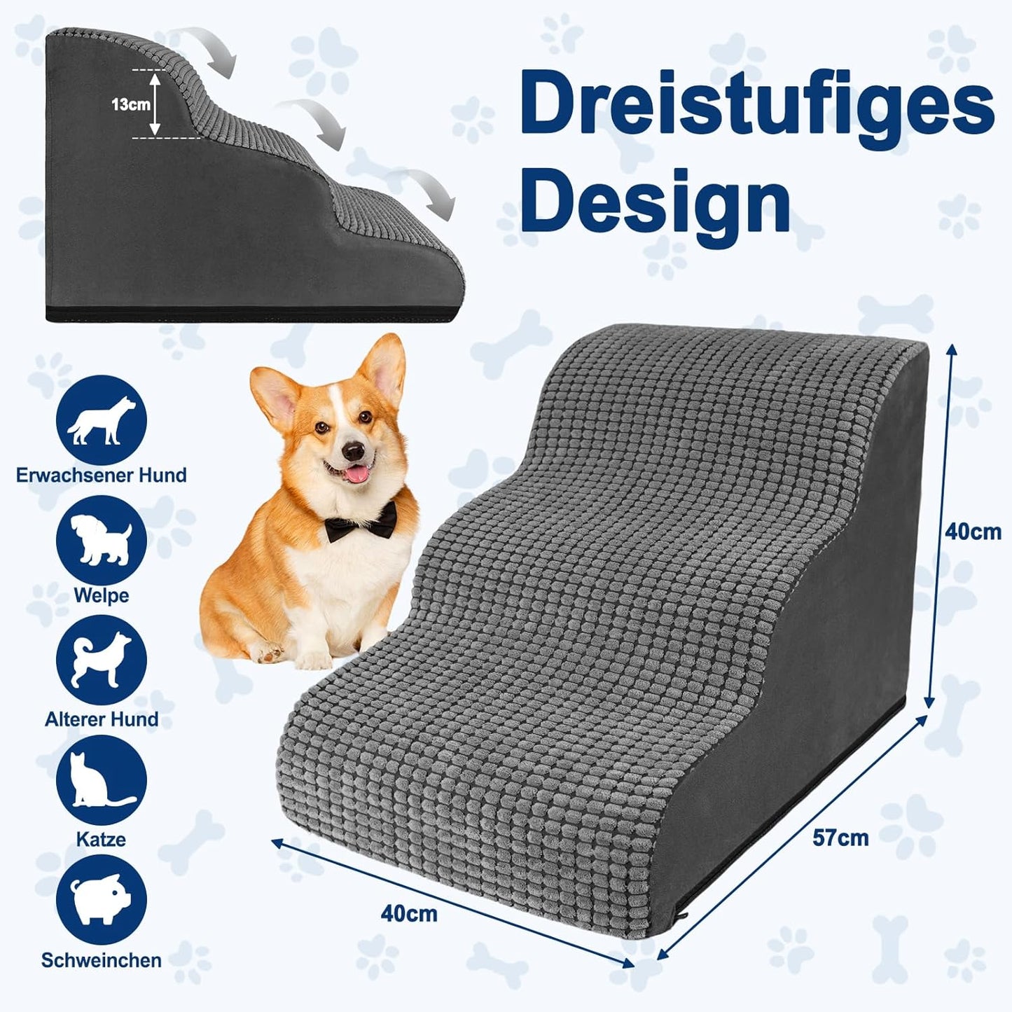 Haustiertreppe mit 3 Stufen, 3 Stufen Grau Hundetreppe