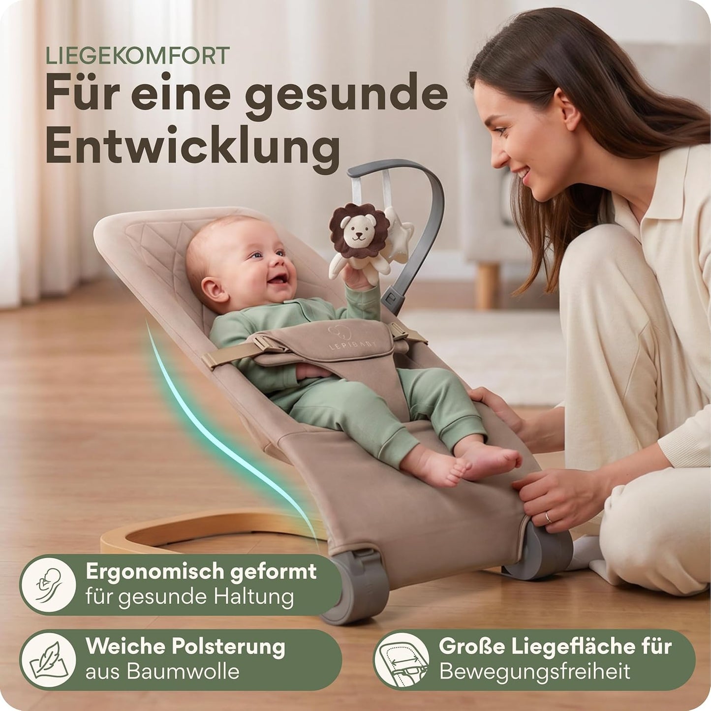 Babywippe Faltbar & Verstellbar mit Spielbogen, Beige