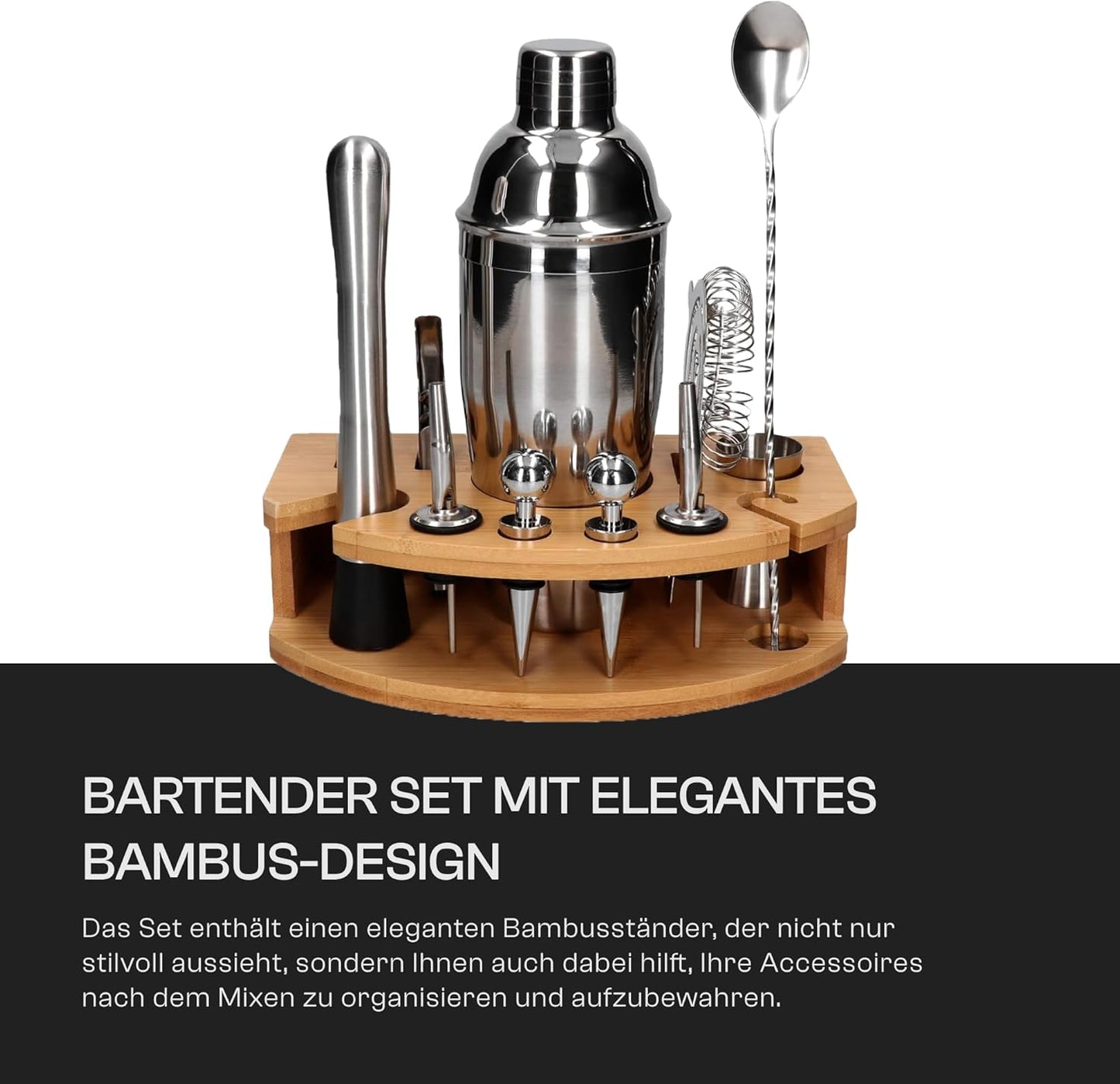 12-teiliges Cocktail Shaker Set mit Bambusständer