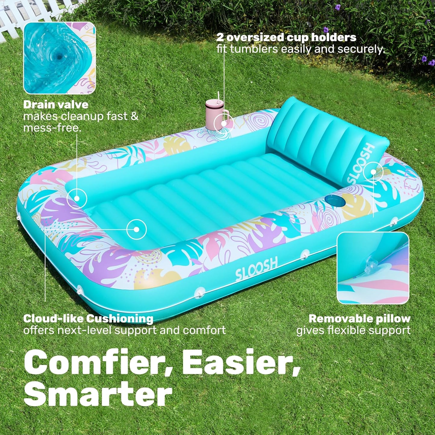 Aufblasbarer 4-in-1 Sonnenliegepool mit Kissen und Getränkehalter, Tropisches Blau XL