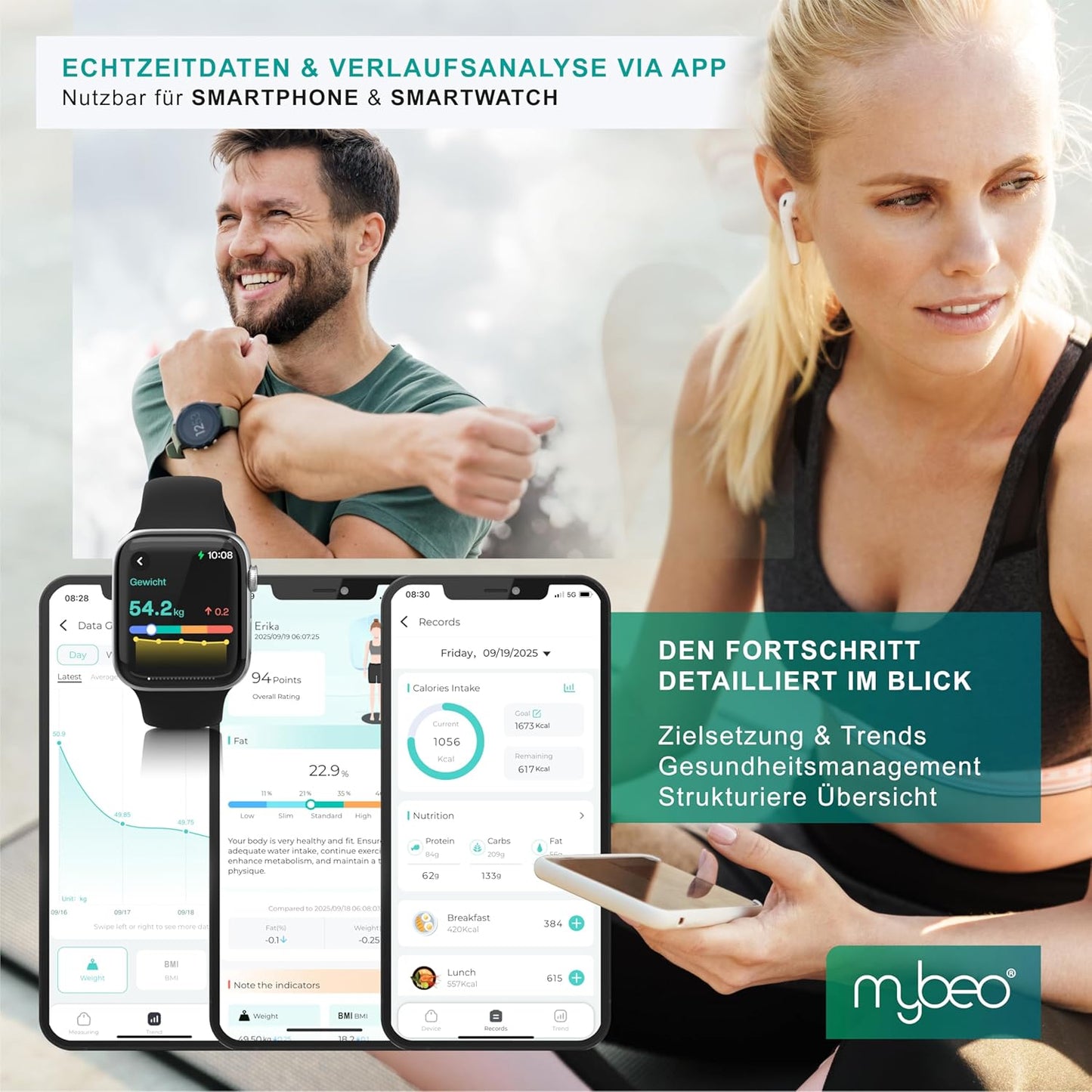 Körperfettwaage mit Handsensoren & App-Unterstützung