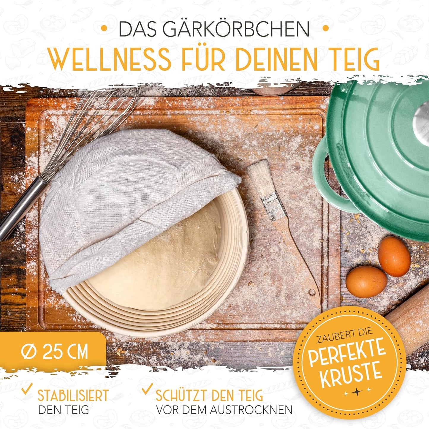 Gusseisen-Topf zum Brotbacken mit Gärkorb, Mintgrün Topf