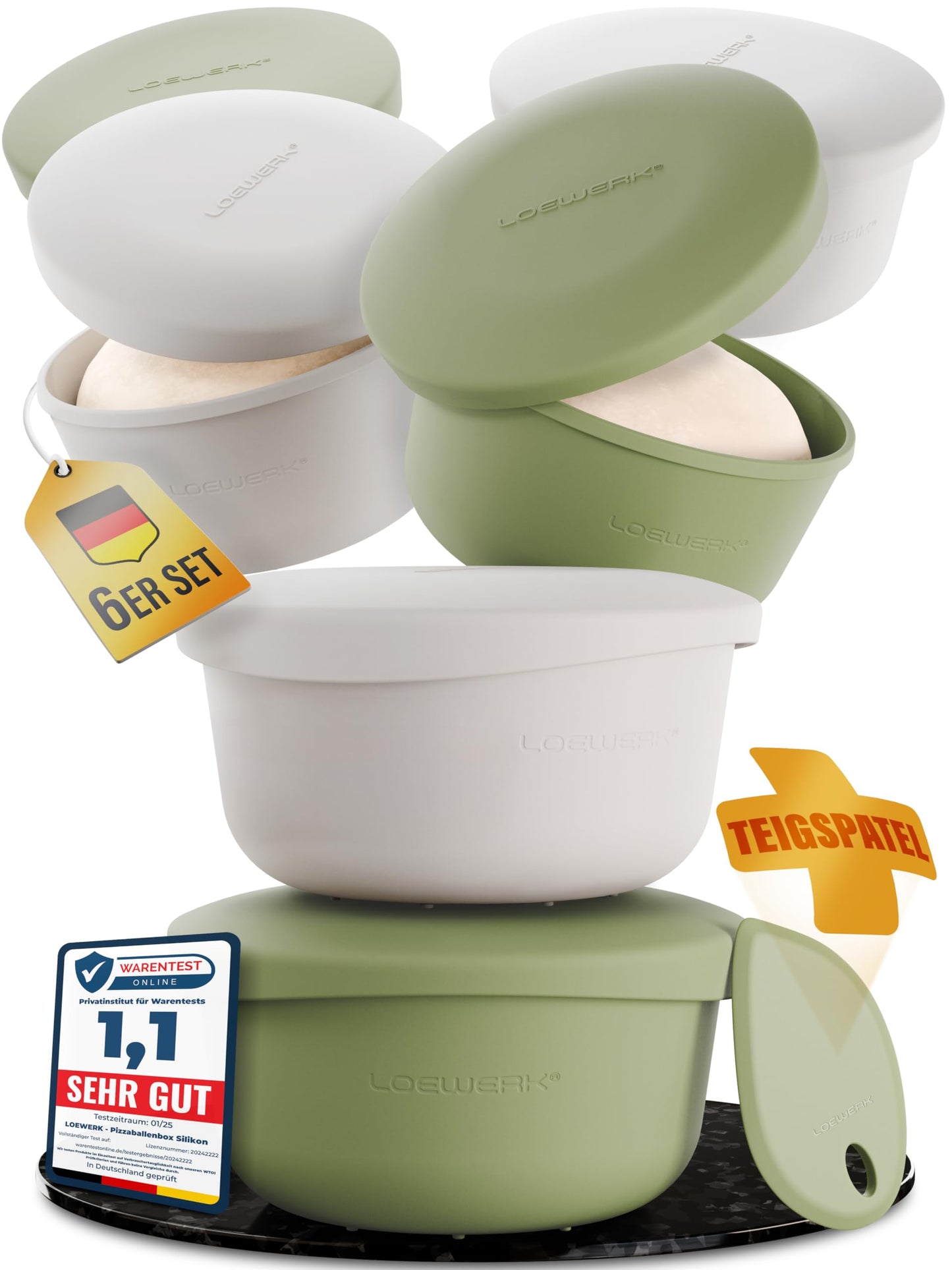 6er-Set Pizzaballenbox mit Deckel und Teigspatel, 6er Set - Olive/Grau + Teigspatel